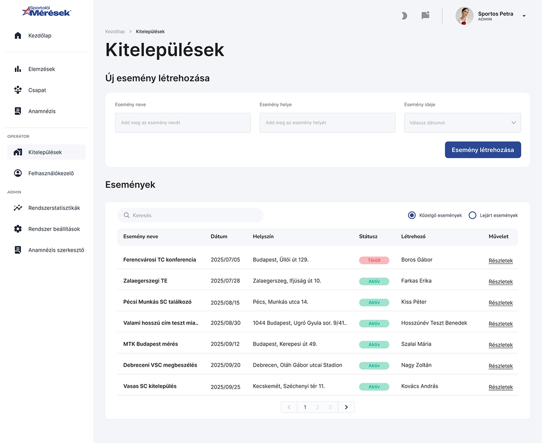 Admin screen for managing events